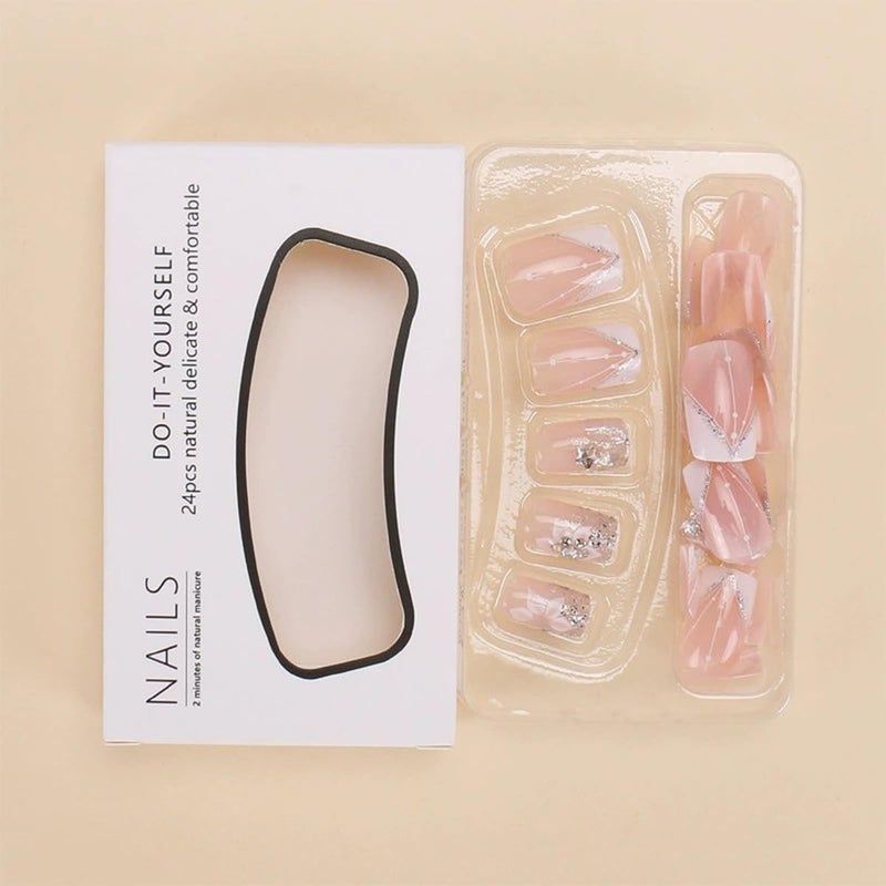 juggssa French Press on Nails Medium Square Fake Nails White French Tip Nails Press on False Nails with Flower Glitter Designs Nude Pink Acrylic Fake Nails Kits Spring Glue on Stick on Nails for Women 24PCS - Image 3